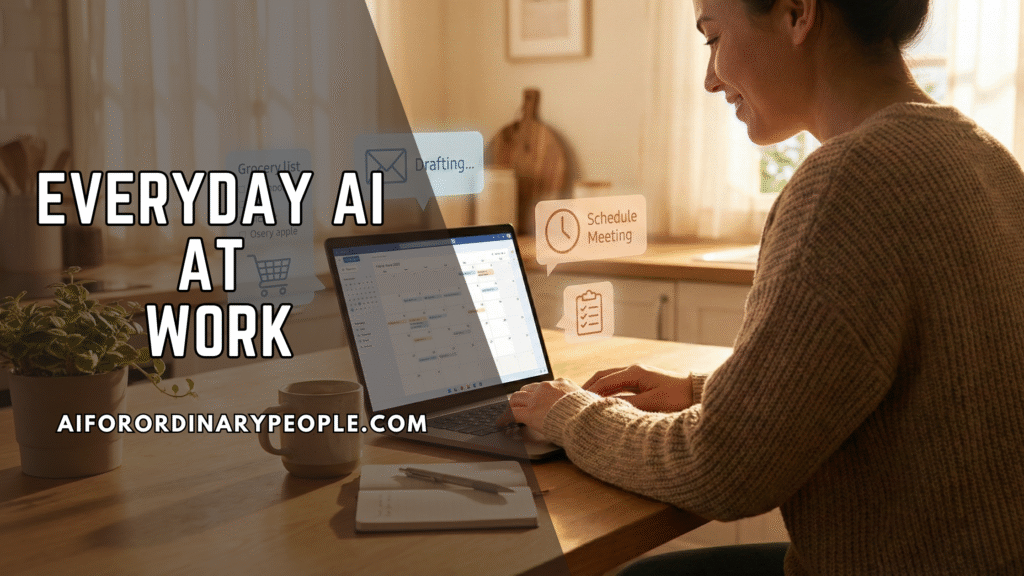 A person sitting at a kitchen table with a laptop open, soft morning light coming through the window, and subtle digital icons floating around the screen showing tasks like meal planning, email writing, and checklists.”