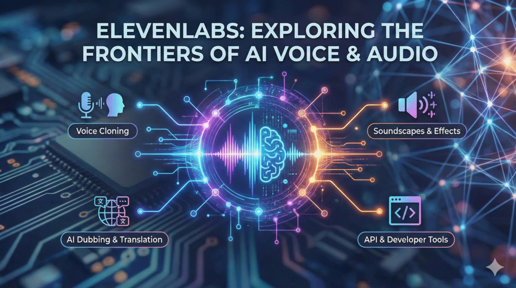 A tech-themed blog feature image with the title "ELEVENLABS: EXPLORING THE FRONTIERS OF AI VOICE & AUDIO" at the top. The central graphic is a glowing blue and purple brain and sound wave, connected by lines to four labeled icons: "Voice Cloning," "Soundscapes & Effects," "AI Dubbing & Translation," and "API & Developer Tools." The background is a futuristic circuit board and network pattern.