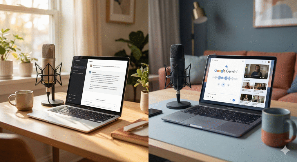 A split-screen photograph showing two different home podcasting setups. On the left panel, a laptop on a wooden desk by a sunlit window displays the "ChatGPT" interface with a text conversation. A large silver microphone is to the left of the laptop, and a ceramic mug and potted plants are on the desk. The right panel shows a laptop on a grey desk pad in a cozy living room setting with a blue wall and a sofa. The laptop screen shows the "Google Gemini" interface with video thumbnails and a waveform. A black microphone is to the left, and a different ceramic mug is to the right.