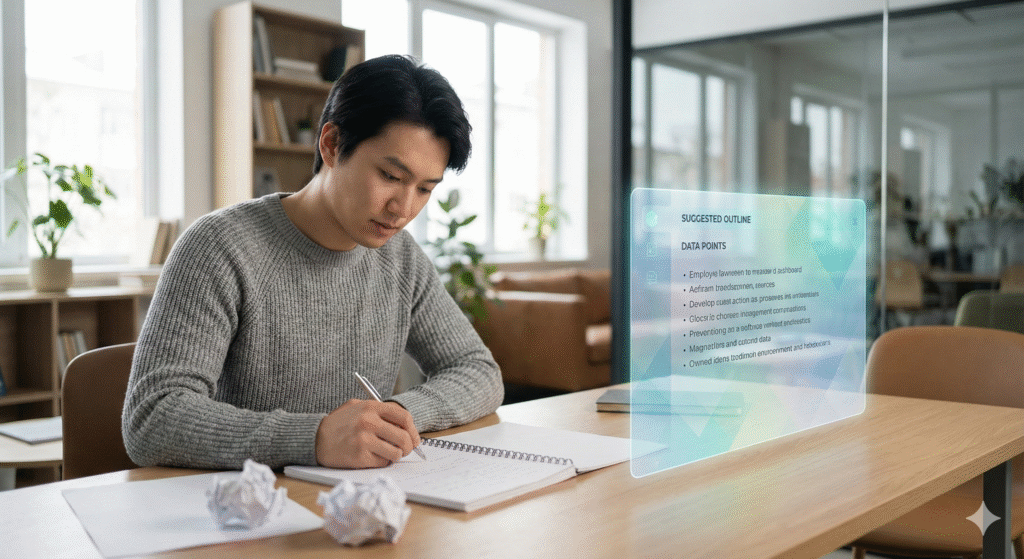 A man in a grey sweater sits at a wooden desk in a modern office, writing in a spiral notebook with a pen. To his right, a transparent, glowing holographic display shows a "SUGGESTED OUTLINE" with a list of "DATA POINTS" and bulleted text. Crumpled paper balls are on the desk, and the background features office furniture, bookshelves, and large windows with natural light.