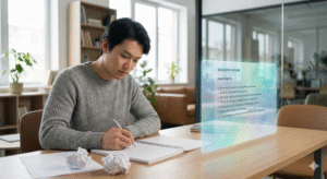 A man in a grey sweater sits at a wooden desk in a modern office, writing in a spiral notebook with a pen. To his right, a transparent, glowing holographic display shows a "SUGGESTED OUTLINE" with a list of "DATA POINTS" and bulleted text. Crumpled paper balls are on the desk, and the background features office furniture, bookshelves, and large windows with natural light.