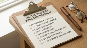 A photograph of a wooden clipboard resting on a wooden desk surface next to reading glasses and a leather pen case. The clipboard holds a printed checklist document titled "DIGITAL PRODUCT BUILDER'S ROADMAP," containing bullet points such as "DEFINE NICHE & AUDIENCE," "OUTLINE PRODUCT CONTENT," and "CREATE DIGITAL ASSETS."