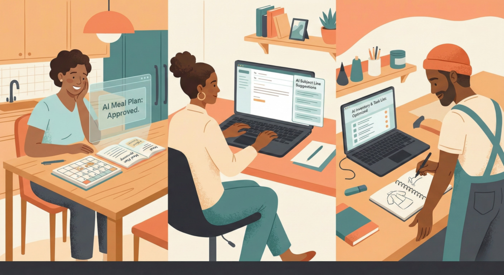 Three-panel illustration showing parent meal planning at kitchen table, freelancer writing email confidently, and small business owner brainstorming with organized notes