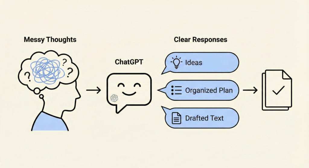 Simple diagram showing tangled thought lines transforming into organized, clear text responses through conversation with AI
