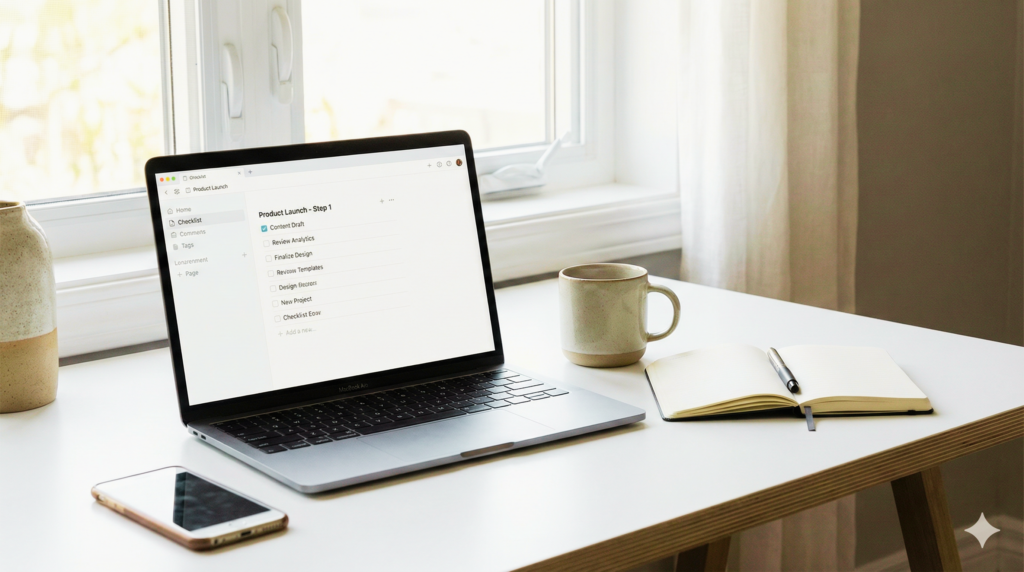 A photograph of a modern workspace shows an open laptop displaying a digital checklist titled "Product Launch - Step 1," with some items checked. On the white desk are a ceramic coffee mug, an open notebook with a pen, a smartphone, and a ceramic vase near a sunlit window.
