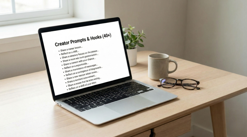 A laptop sits on a wooden desk, displaying a document with the heading "Creator Prompts & Hooks (40+)". Below the heading is a list of bulleted writing prompts. To the right of the laptop are a ceramic mug, a pair of reading glasses, and a small potted plant. A window is visible in the background on the left, providing natural light.