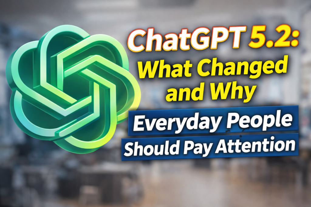 ChatGPT logo on the left against a blurred office background. On the right, bold text reads “ChatGPT 5.2:What Changed and Why” with a blue banner below that says “Everyday People Should Pay Attention.”