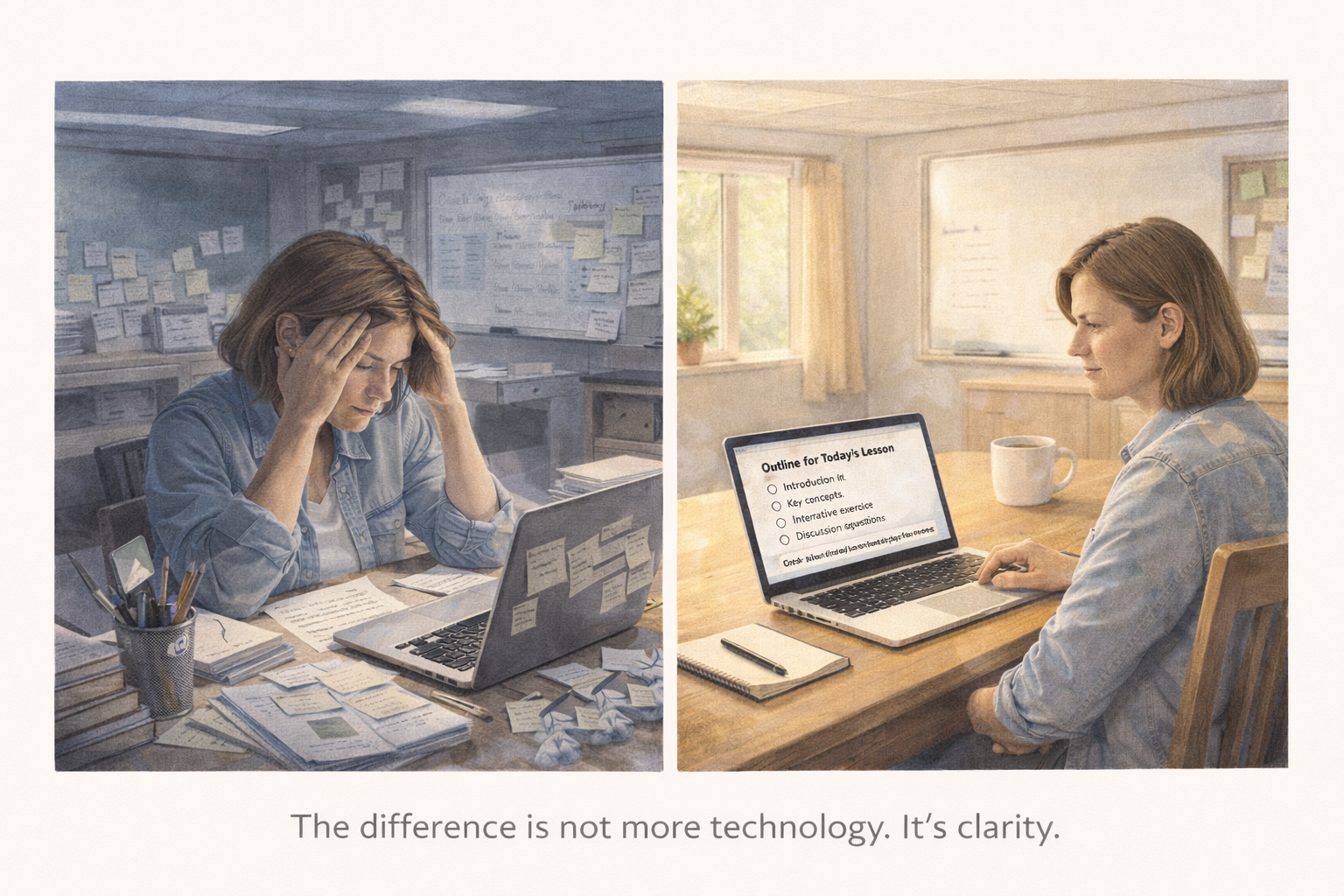 Split image showing an overwhelmed teacher contrasted with calm focused lesson planning using AI support