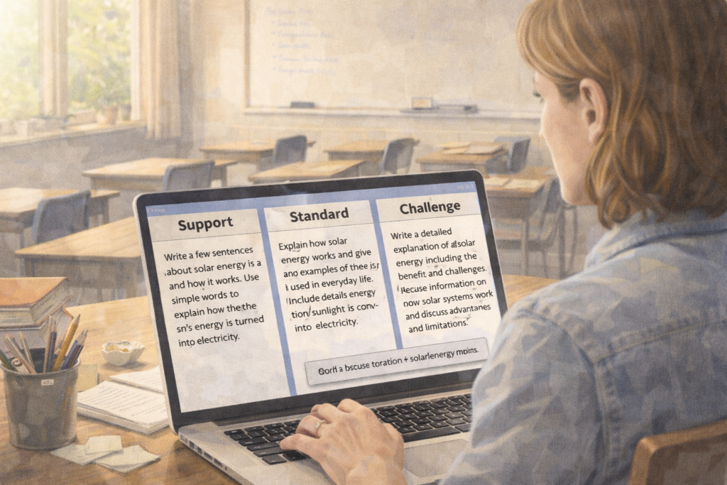 ALT TEXT Teacher preparing differentiated lesson materials for students with varied needs.