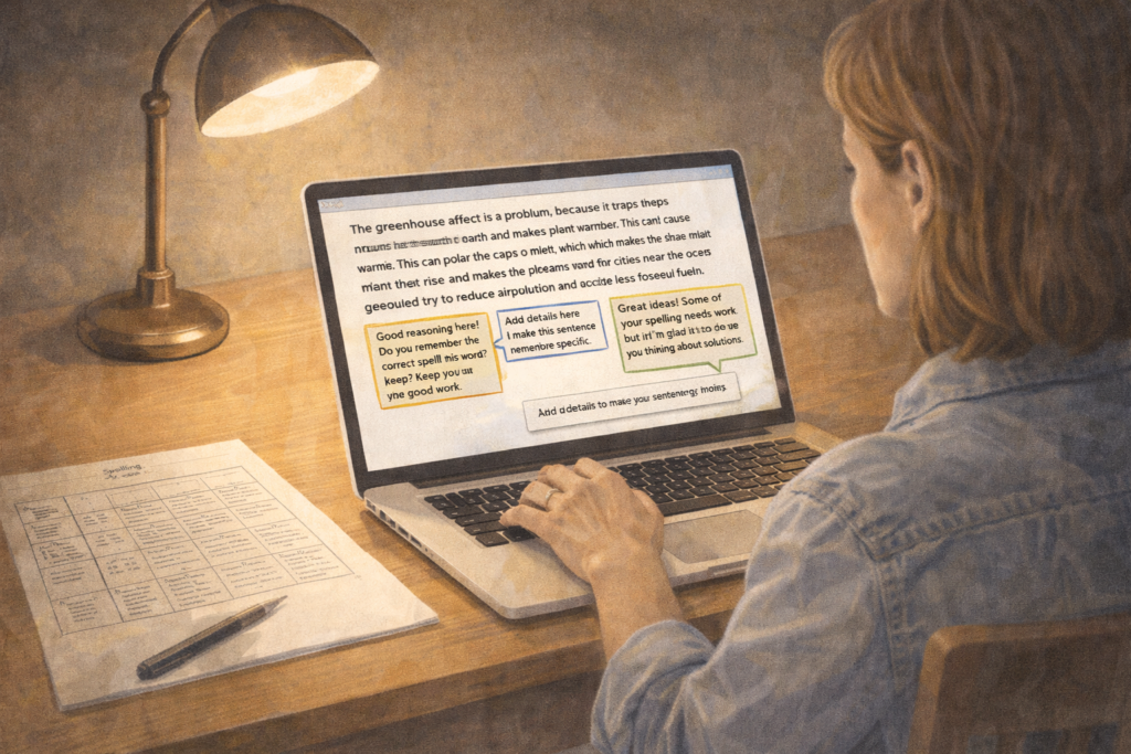 Teacher reviewing student work and drafting feedback