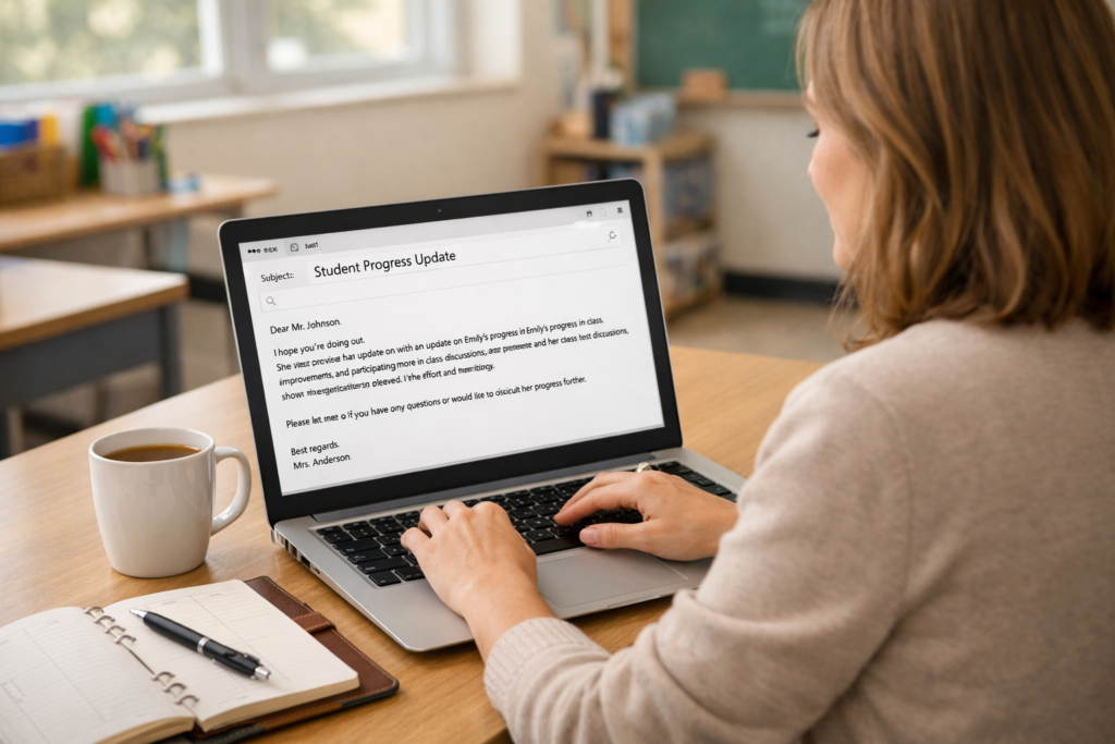 Teacher drafting a calm professional email to a parent