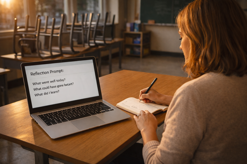 Teacher reflecting on classroom practice in an empty classroom