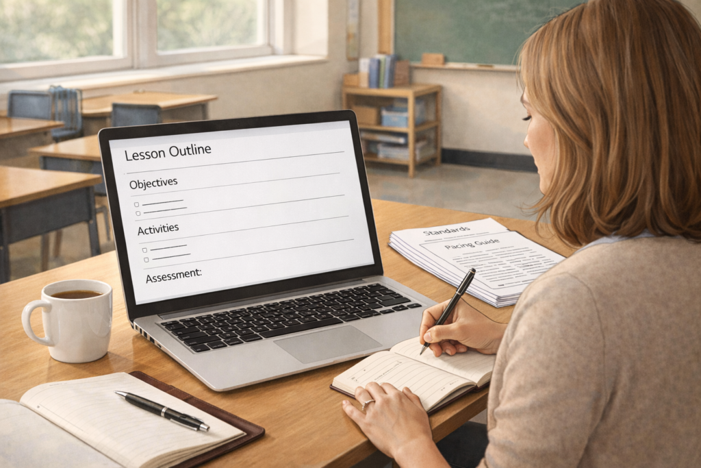 Teacher calmly planning lessons with organized outlines and standards