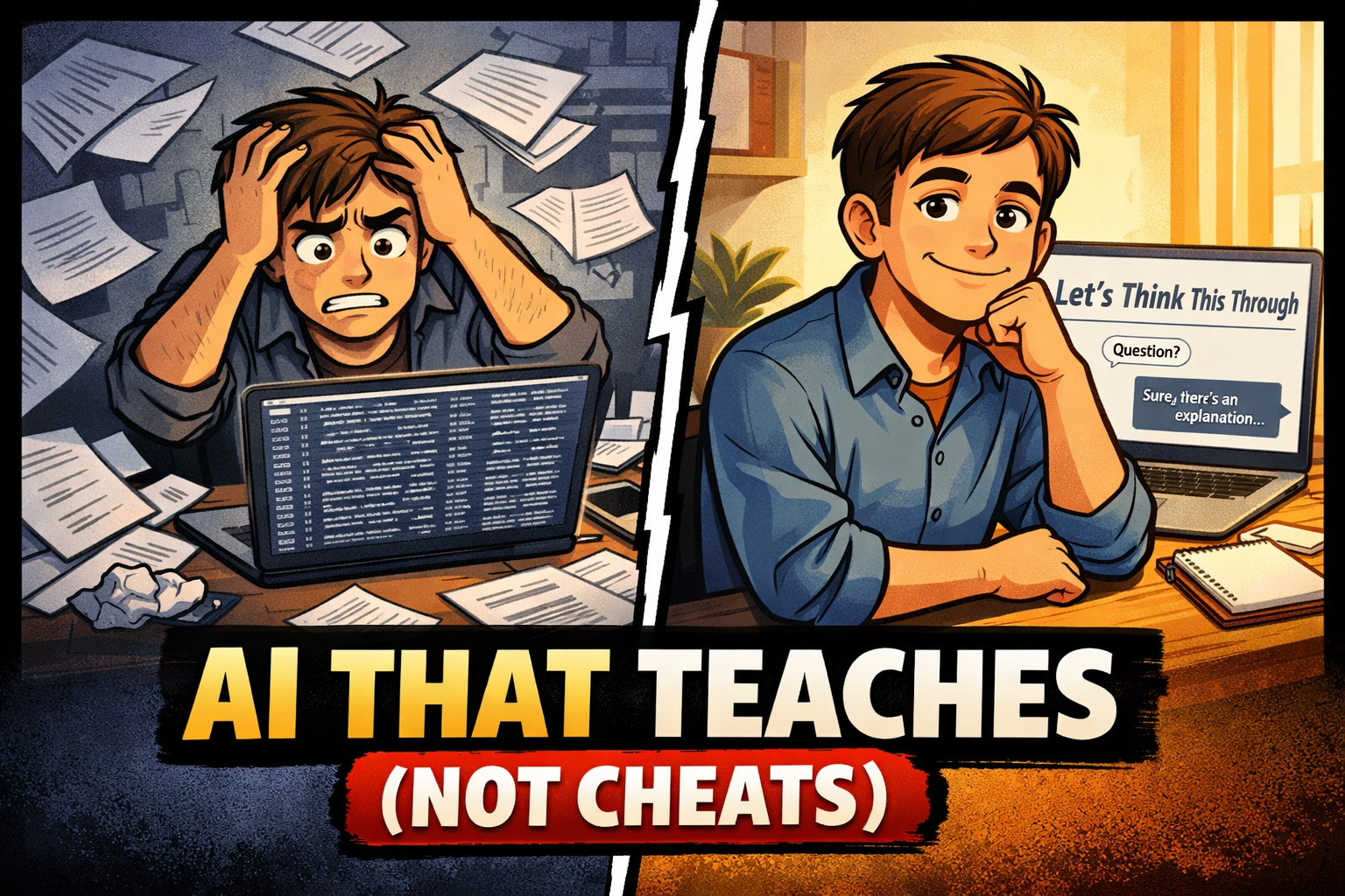 Split-screen illustration showing a stressed person overwhelmed by dense text on one side and the same person calm and focused using an AI tutor that explains concepts clearly.
