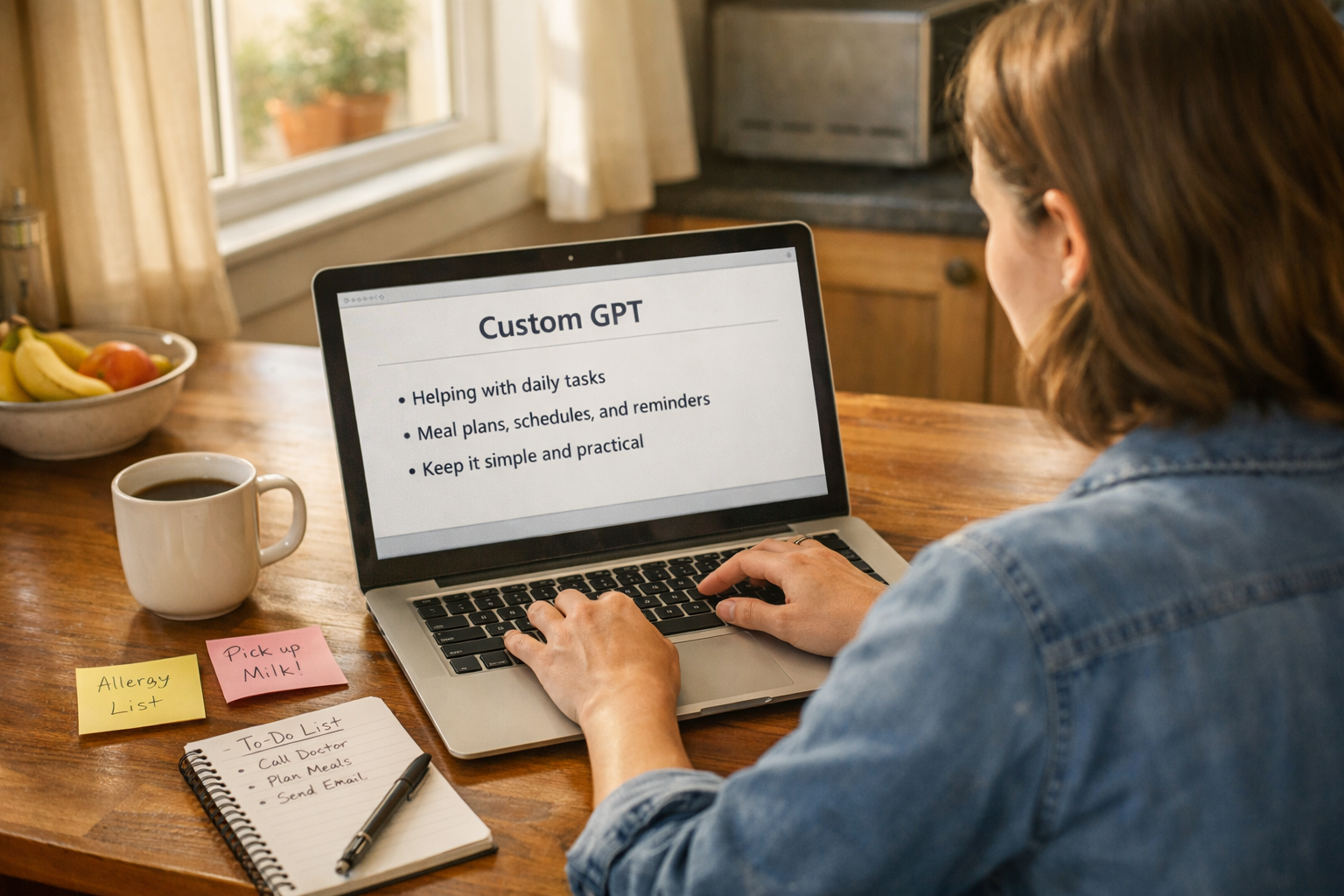 Person using a Custom GPT on a laptop at a kitchen table to simplify everyday decisions