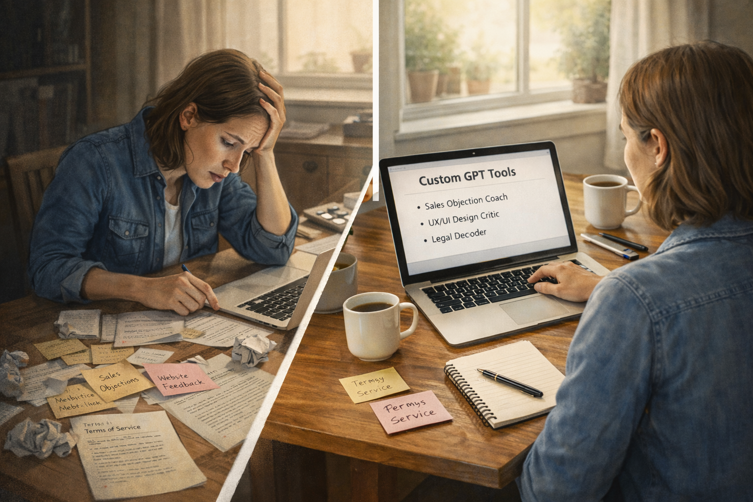 Small business owner using Custom GPT tools to reduce stress from sales, website design, and legal decisions