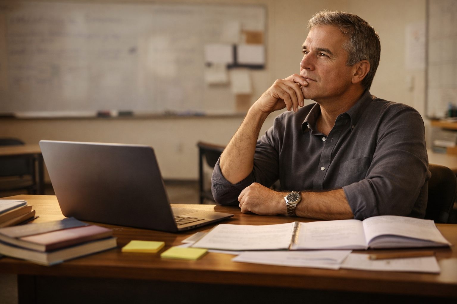 Middle-aged teacher sitting at a desk in a classroom, thinking and planning lessons with an open laptop, textbooks, and notes under warm natural light.