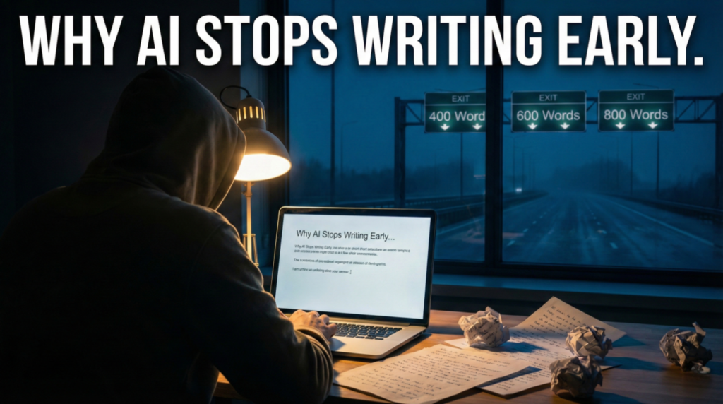 photograph of a person in a dark hoodie sitting at a desk at night, viewed from behind. They are looking at a laptop displaying the text "Why AI Stops Writing Early...". Outside a large window, a dark highway has overhead exit signs reading "400 Word", "600 Words", and "800 Words". Large white text at the top of the image reads "WHY AI STOPS WRITING EARLY.".
