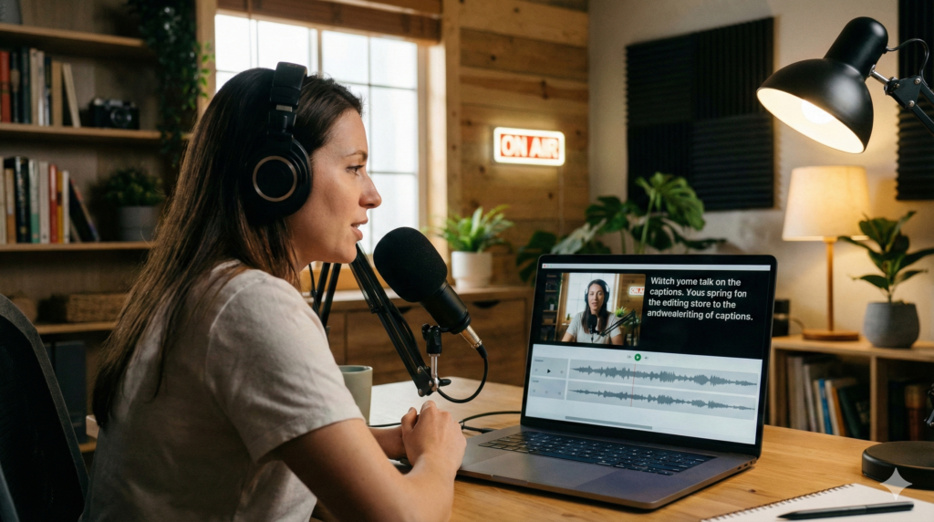 A woman with dark hair, wearing headphones, speaks into a microphone at a wooden desk in a home office with acoustic panels and shelves. A laptop in front of her shows an audio waveform editor and a video with captions that read "which yome talk on the captions. yous spring for the editing store to the andwesiting of captions." A lit "ON AIR" sign is in the background.