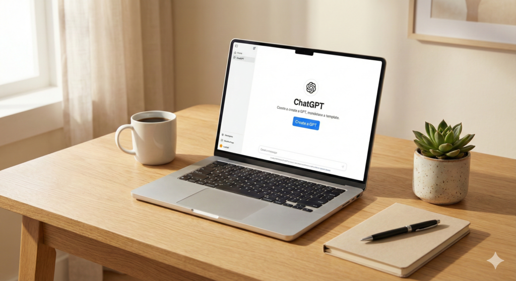 Laptop showing ChatGPT Custom GPT builder interface on a clean desk with coffee and notebook