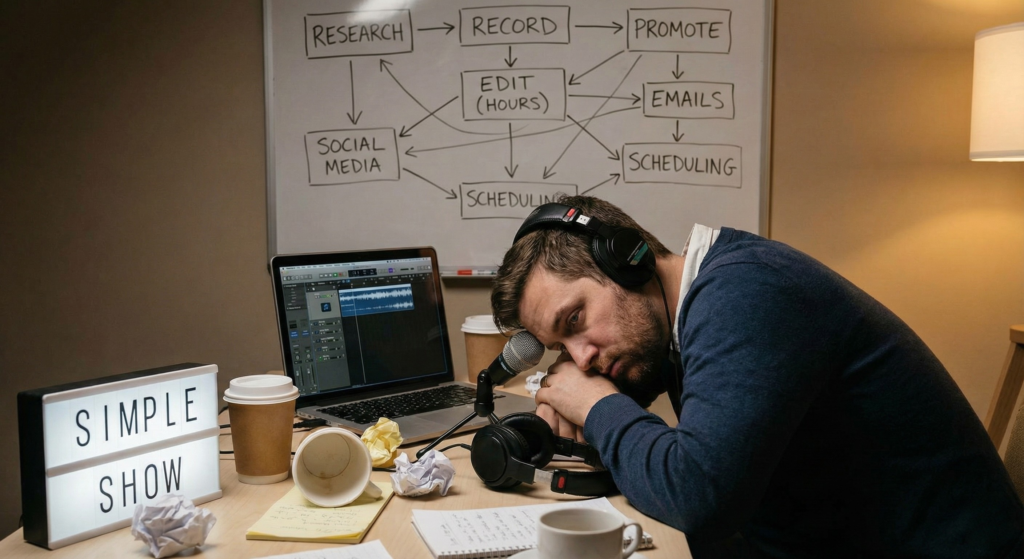 A high-angle, candid photograph shows a weary man with headphones slumped over a cluttered desk, his face resting on his folded arms, eyes looking directly at the camera with a stressed expression. A microphone is positioned in front of him, and a laptop displays an audio editing interface. The desk is covered with coffee cups, crumpled paper, and notebooks. In the foreground, a light box sign reads "SIMPLE SHOW." On the wall behind him, a whiteboard is filled with a complex, hand-drawn flow chart with boxes and arrows pointing between tasks like "RESEARCH," "RECORD," "EDIT (HOURS)," "PROMOTE," "SOCIAL MEDIA," "EMAILS," and "SCHEDULING," illustrating the many hidden tasks of podcasting.