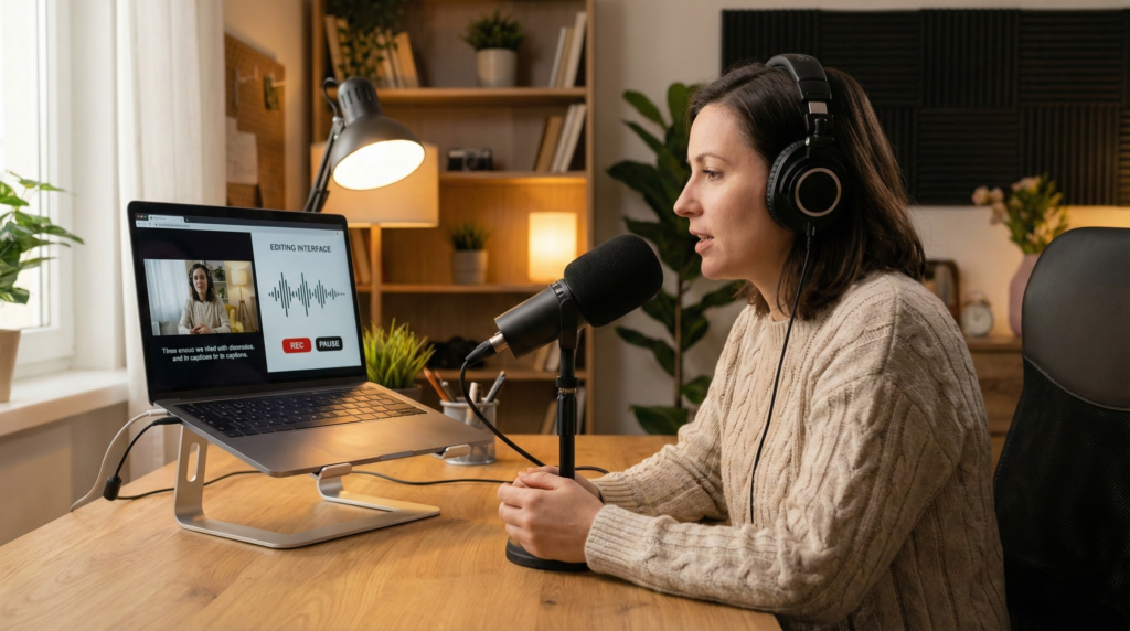 A woman in headphones records a podcast in a home studio, speaking into a microphone. Her laptop screen displays a video with captions and an audio editing interface with "REC" and "PAUSE" buttons.