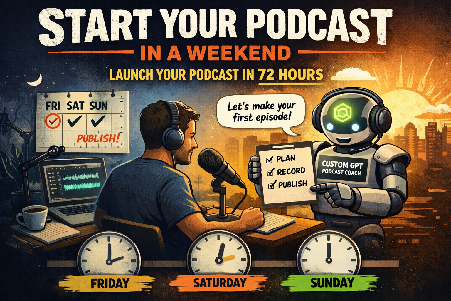 Illustration of a podcaster recording at a desk while a Custom GPT podcast coach guides the process with a checklist, showing a 72-hour podcast launch from Friday to Sunday.