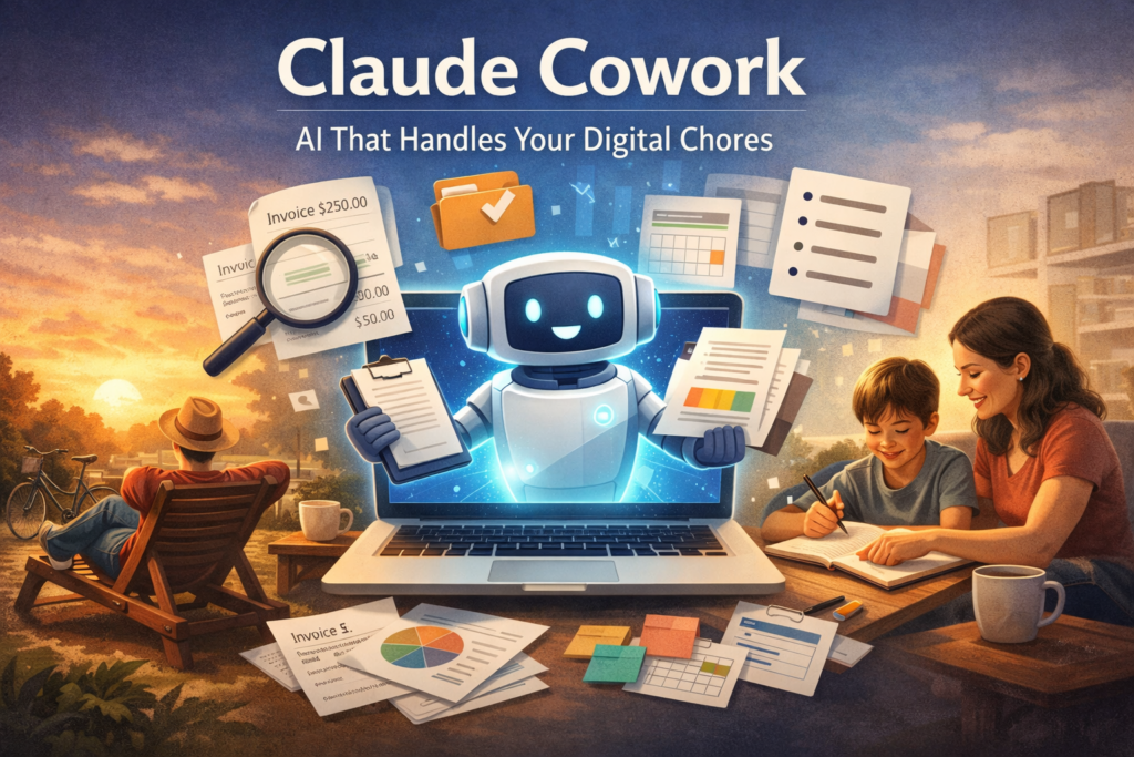 Illustration of an AI assistant organizing documents on a laptop while a parent helps a child with homework and another person relaxes outdoors, representing AI handling digital tasks in the background.