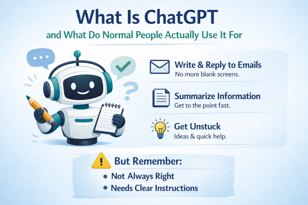 Illustration showing a friendly AI assistant helping a normal person write emails, summarize information, and get unstuck using ChatGPT.