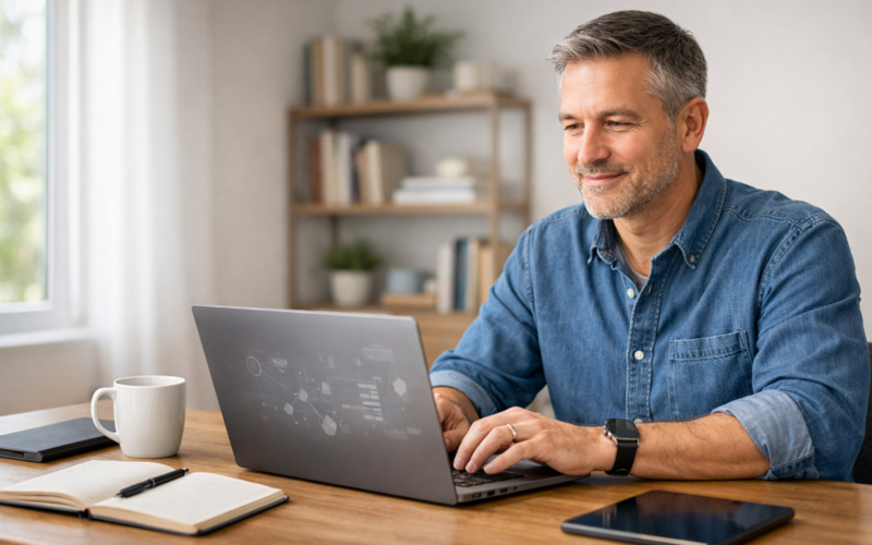 Middle-aged man working on a laptop in a bright home office, seated at a wooden desk with a coffee mug, notebook, tablet, and smartphone, in a calm professional setting.